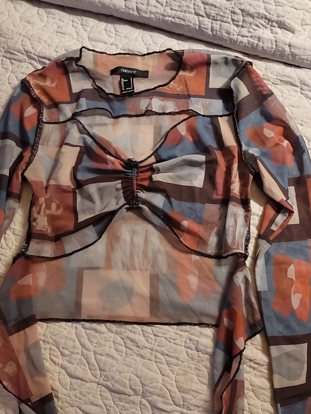 Forever 21 Renaissance Art Print Mesh Ruched Cropped Top - Size S